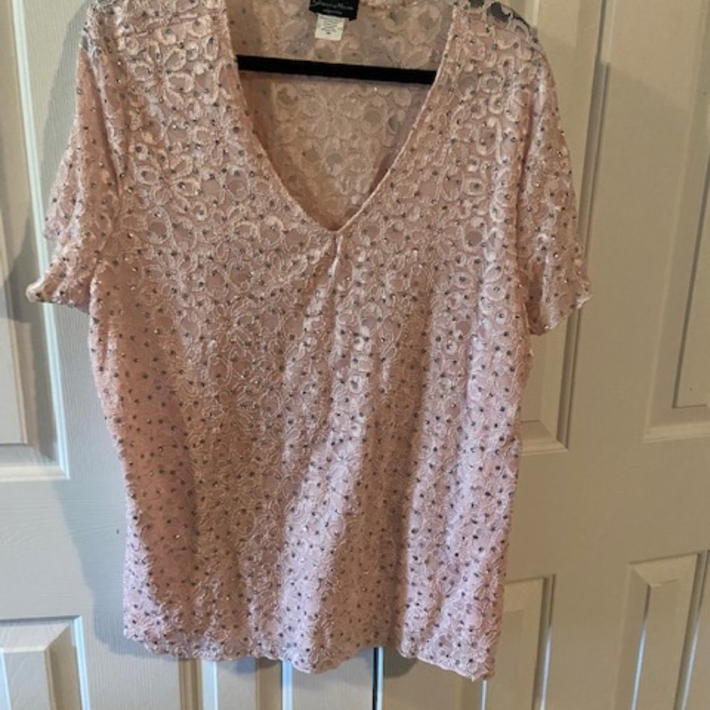 Brittany Black Woman Pink lace top with rhinestones